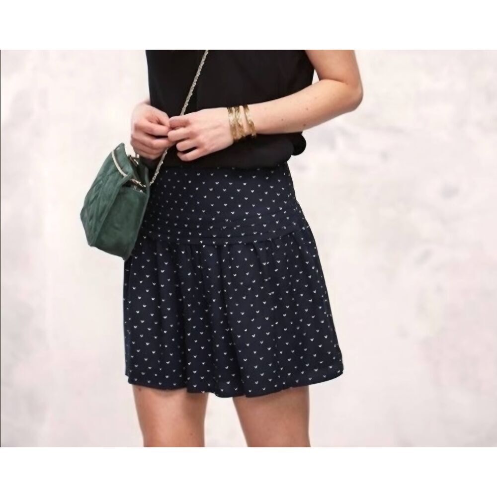 Sézane Skirt Jupe Suzanne Mini Hearts Blue Pleats Folds Skirt Sz 42 (US 10)